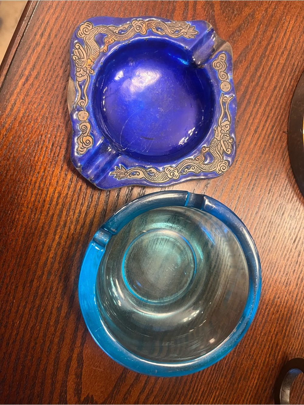Vintage Antique Cobalt Blue Glass Ashtrays - Round Teal & Square Cobalt